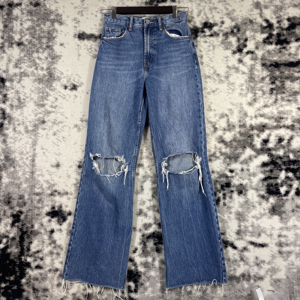 Zara Jeans Womens Size 2 Distressed Wide Leg Raw Hem Skater Grunge
